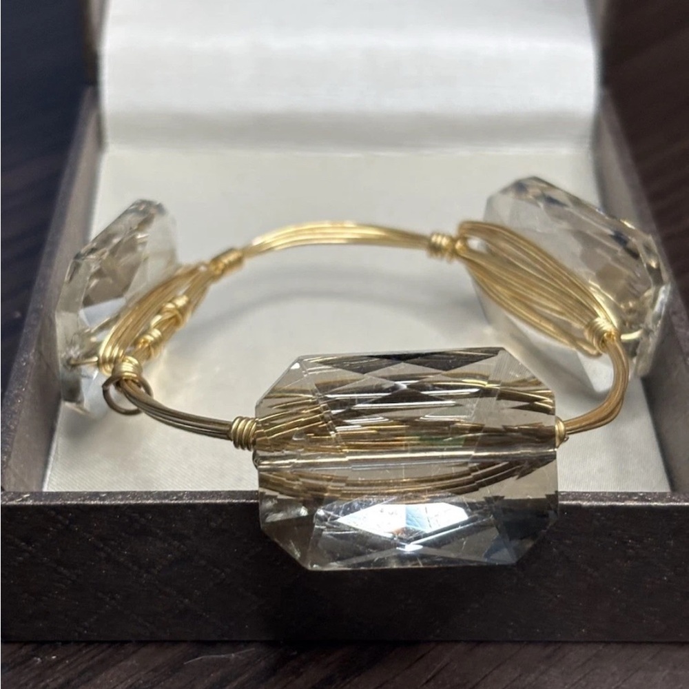 BOURBON & BOWTIES BANGLE BRACELET Smoky Faceted Crystal Statement Chunky Boho - Picture 2 of 8